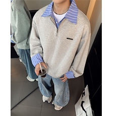 小众设计感拼接灰色卫衣男早秋穿搭假两件衬衫领休闲长袖W100-P58，男装衬衫，电商C307