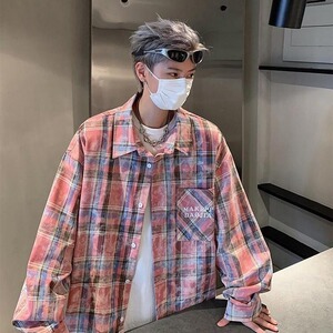 6044-P42 美式复古扎染格子衬衫男高级感少年感穿搭痞帅上衣图片