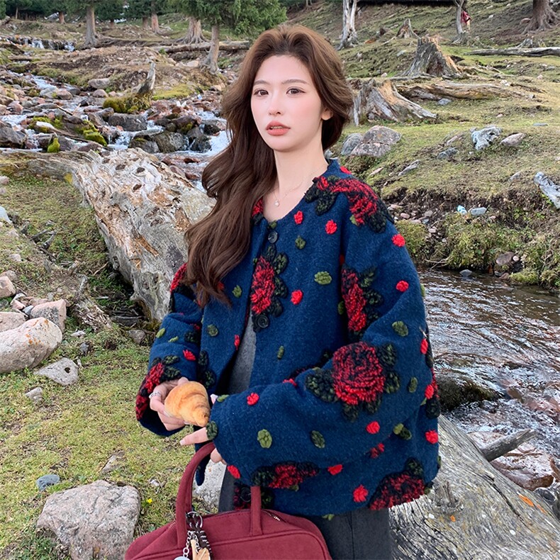圆领时尚立体花朵毛呢外套女2025冬季新款韩版小香风保暖呢子大衣,女装棉衣/棉服,2C007