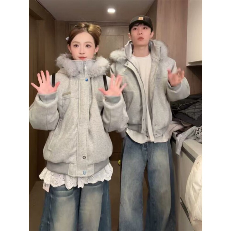 美式复古短款毛领连帽棉服夹棉加厚保暖毛呢情侣棉衣外套NL01P115图片