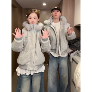 美式复古短款毛领连帽棉服夹棉加厚保暖毛呢情侣棉衣外套NL01P115图片