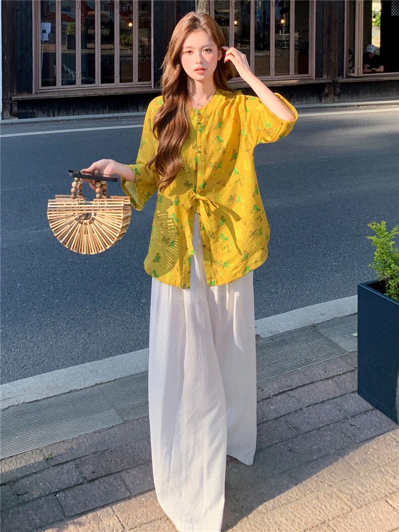 新中式印花宽松喇叭袖时尚气质小衫,女装衬衫,水衣源