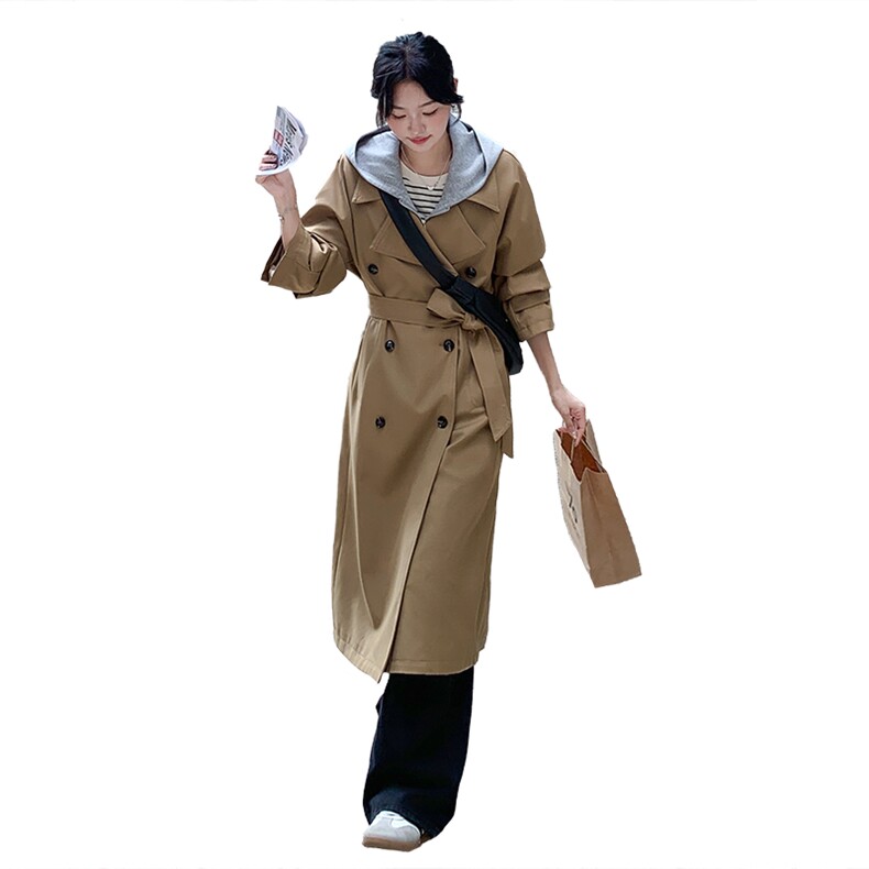 卡其色假两件连帽风衣外套女中长款可拆卸帽休闲秋季过膝大衣,女装风衣,2C238