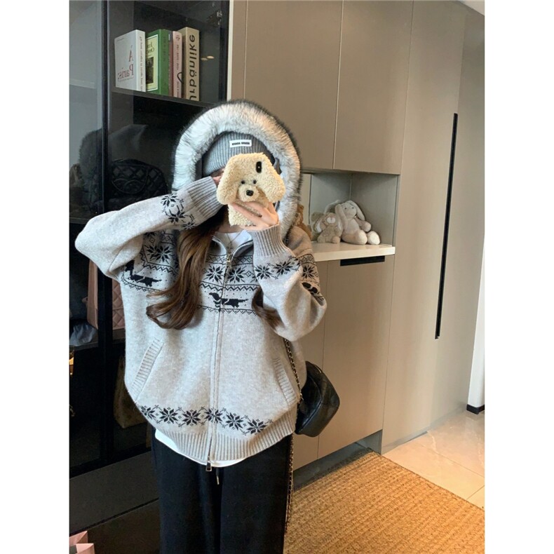 美式复古费尔岛提花连帽毛衣外套女冬季宽松针织衫AMY477-P72,男装针织衫/毛衣,星座208-5
