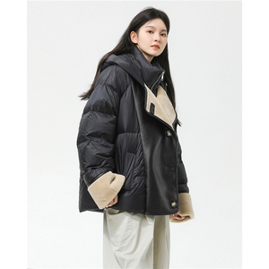 新标90%羽绒 羊羔毛拼pu皮假两件连帽女士羽绒服上衣 8339/P330图片