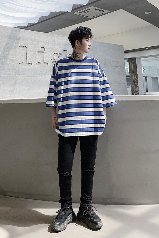 夏季宽松大码条纹T恤舒适落肩袖中长款潮T男款五分袖防晒D655P40,男装T恤,星座312B-1