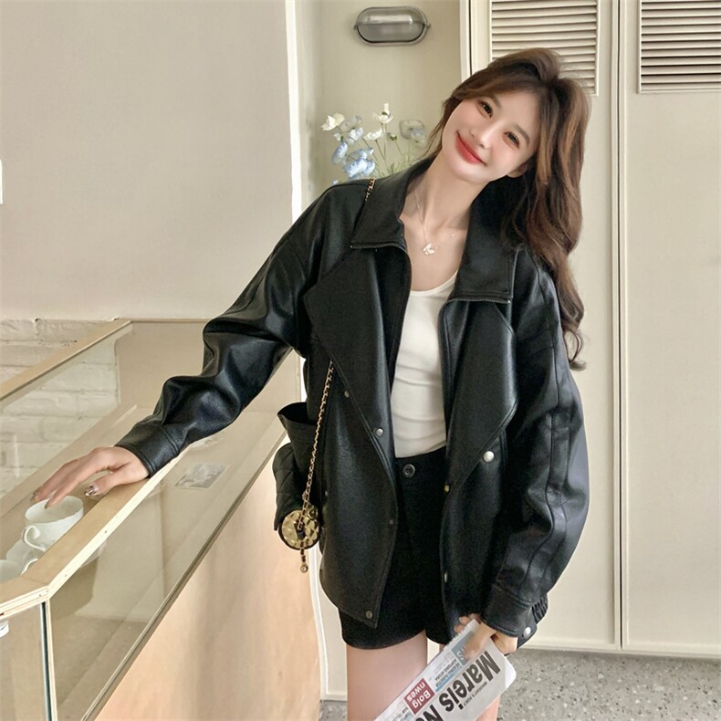 经典泡皮分割线翻领双排扣机车夹克皮衣C016-609-P195-K318,女装皮衣,2C016