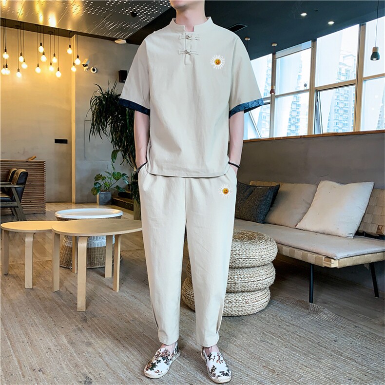 2021夏季新款风男装汉服棉麻印花短袖T桖九分裤两件套P70,男装休闲套装,星座217-4
