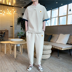 2021夏季新款风男装汉服棉麻印花短袖T桖九分裤两件套P70，男装套装，星座217-4