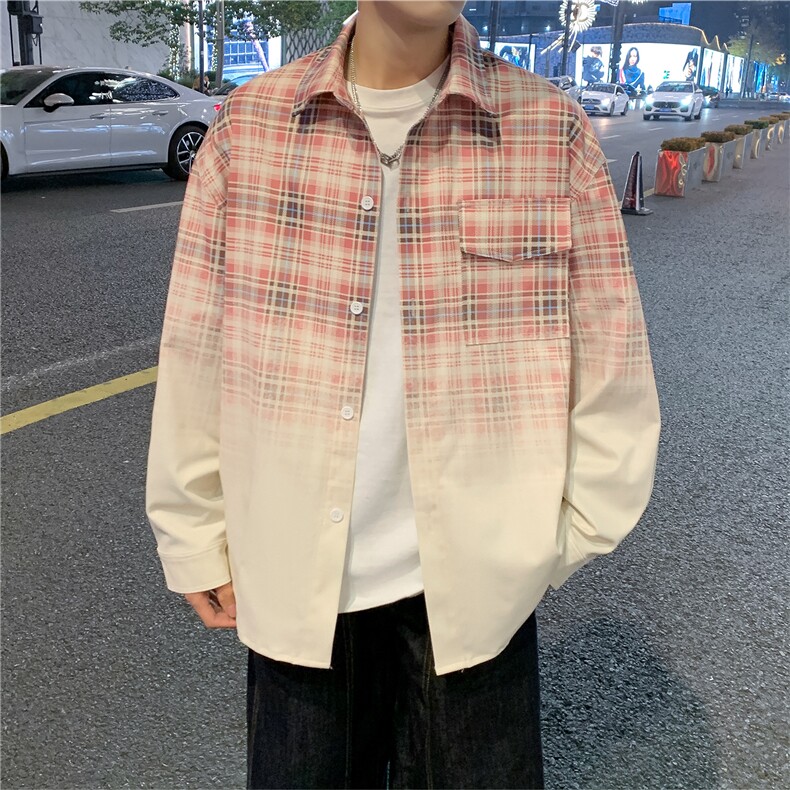 春季新款渐变晕染流动感格纹衬衫C0559-P58,男装衬衫,星座308B-2