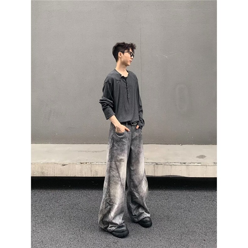 2025韩系高腰牛仔裤男设计感小众宽松显瘦休闲裤阔腿裤拖地长裤子,男装牛仔裤,星座506A