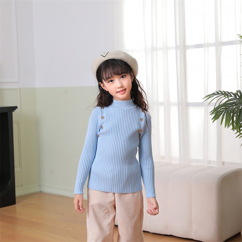 时尚百搭儿童半高领毛衣简约休闲肩扣设计舒适保暖针织衫，童装毛衣，绒颖羊绒