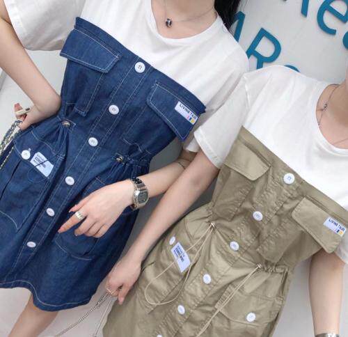 夏季新款拼接牛仔连衣裙，女装连衣裙，多来