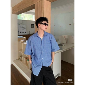 刺绣美式潮牌复古宽松蓝色格子短袖衬衫情侣休闲刺绣衬衣