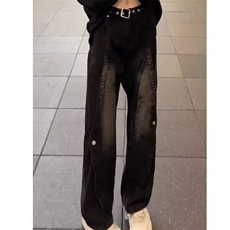 复古重工美式高街做旧水洗牛仔裤男女秋季小众结构拼接微喇裤潮，男装牛仔裤，星座506A