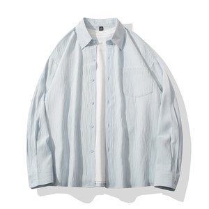 B413-1-DX063港风潮流日系纯色长袖衬衫男宽松休闲时尚百搭衬衣服图片