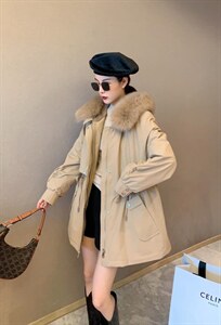 【现货】冬季新款宽松显瘦加绒保暖狐狸大毛领连帽中长款派克服图片