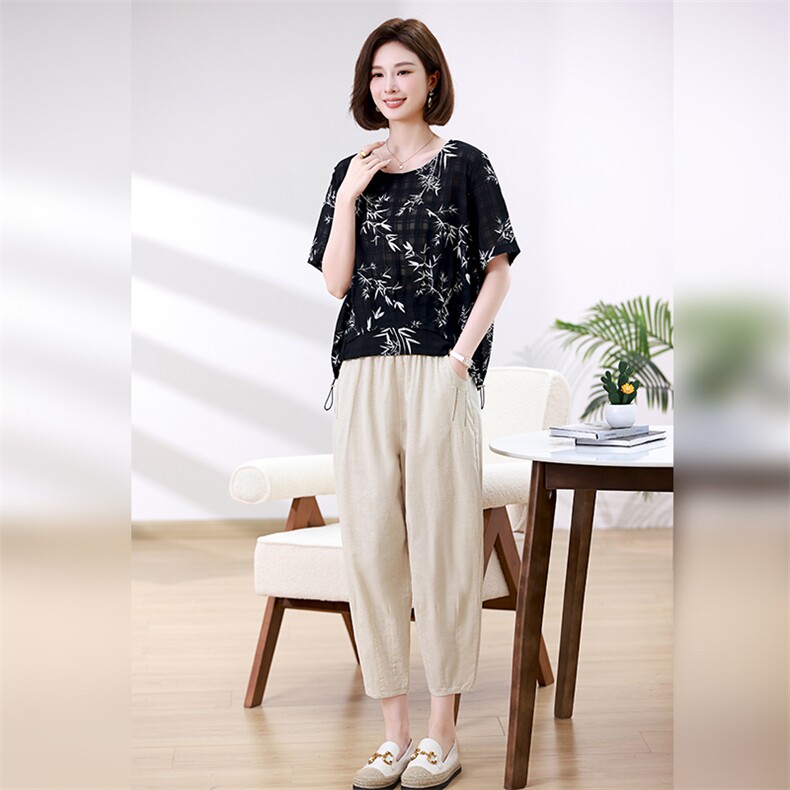 优雅印花宽松两件套女夏装新款时尚休闲裤套装,女装套装/套裙,叶笙衣