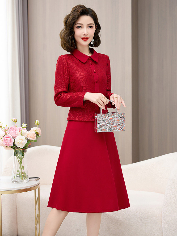 【春季女装新款】时尚优雅假两件套收腰喜婆婆妈妈中长款连衣裙,女装连衣裙,天丽