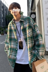 绿色磨毛格子衬衫男外套宽松港风情侣装长袖衬衣DJ6118P55控68，男装衬衫，电商B413-1