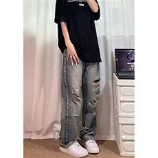 做旧水洗破洞嘻哈牛仔裤男女ins街头宽松直筒休闲乞丐裤NA094，男装牛仔裤，星座1116A（原606A-3）