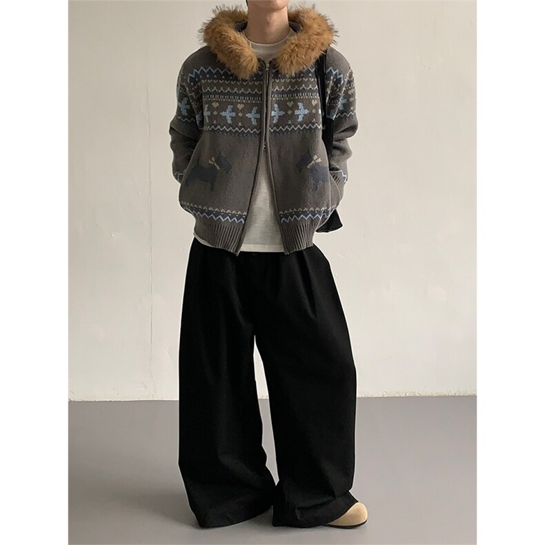 重磅北极绒座山雕毛衣外套冬美式复古休闲慵懒风大毛毛领针织开衫，男装针织衫/毛衣，电商A443