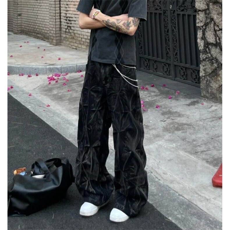 美式重磅褶皱阔腿牛仔裤男女先锋hiphop嘻哈设计感长裤潮~NK4093,男装牛仔裤,星座601-1