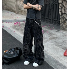 美式重磅褶皱阔腿牛仔裤男女先锋hiphop嘻哈设计感长裤潮~NK4093，男装牛仔裤，星座601-1