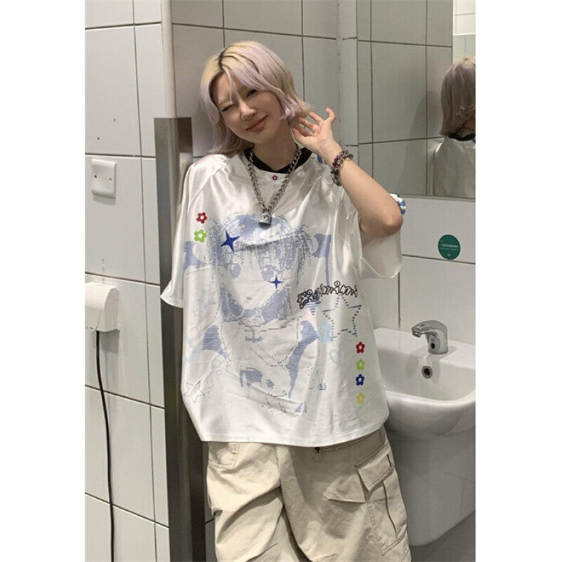 美式复古卡通少女球衣短袖T恤女宽松拼接V领休闲上衣夏 TB116图片