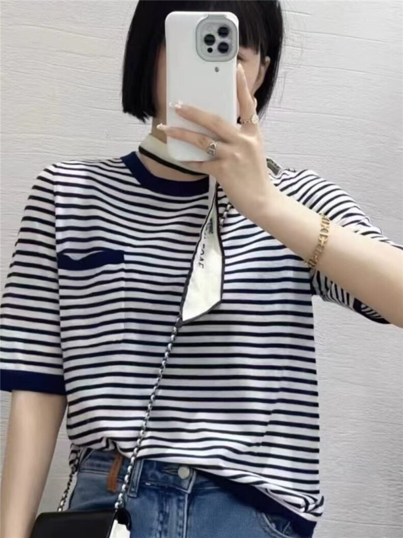 新款夏季套头短款条纹宽松慵懒针织短袖,女装T恤,忠诺羊绒