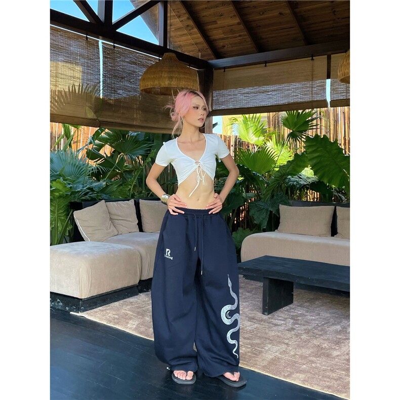 美式复古设计感烫钻印花休闲裤男女宽松卫裤百搭长裤子，女装休闲裤，星座1210-1