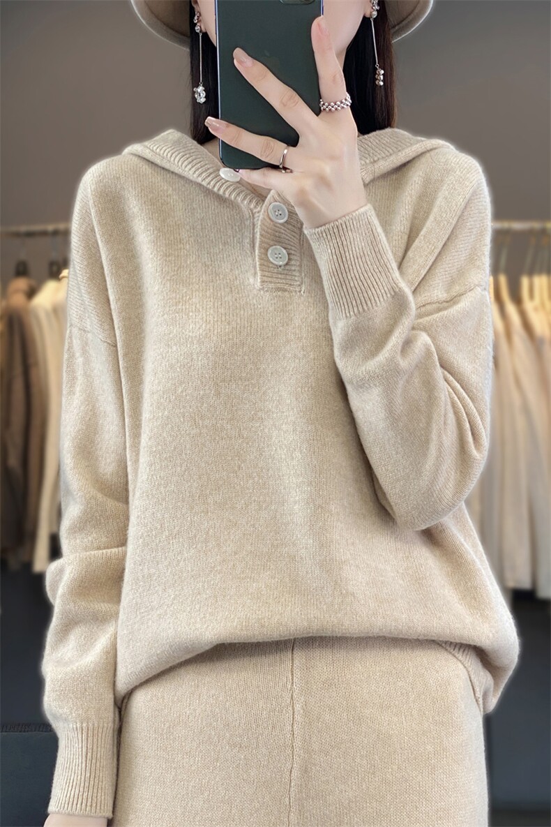 宽松连帽加厚纯羊毛衫女百搭毛衣毛衣秋冬休闲针织羊绒帽衫鹅黄色,女装羊毛衫,鹿一羊绒