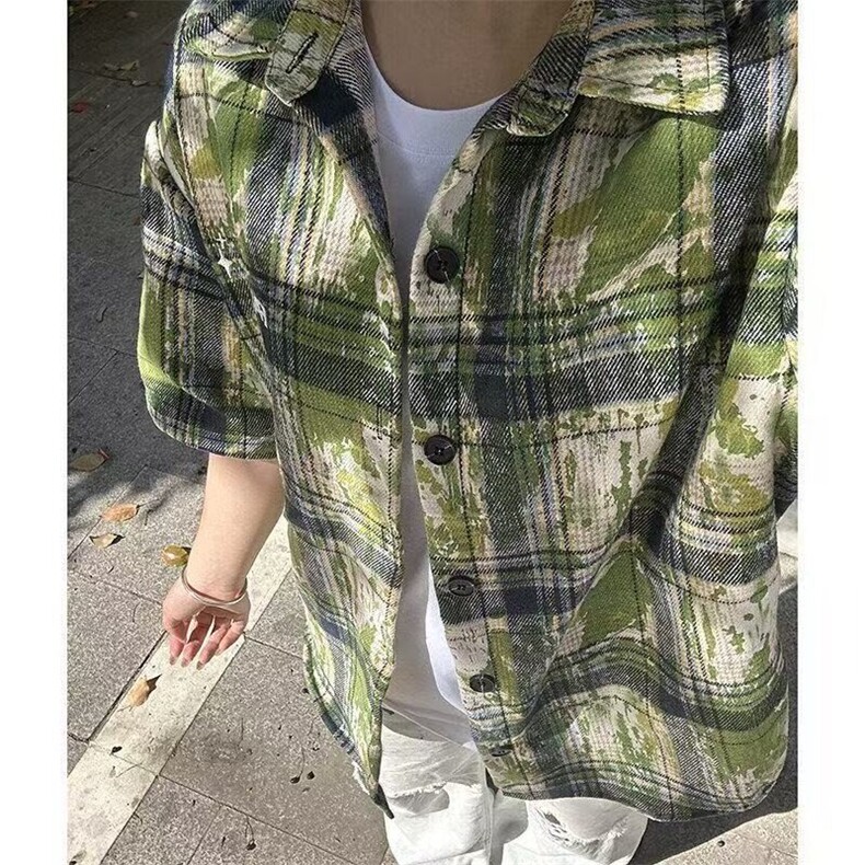 复古港风扎染绿格港衬衫外套夏季bf风休闲衬衣位宽松半截袖CYC97，男装衬衫，星座1116A（原606A-3）
