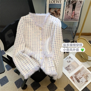 小香风针织开衫毛衣女千鸟格仿水貂绒宽松气质外套MY010-85图片
