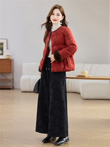 现货2025年冬装白鸭绒羽绒服新中式提花加厚加绒套装女休闲阔腿裤图片