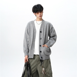 8XL-M大码V领开衫毛衣外套男日系复古宽松慵懒风针织衫KS002p55图片