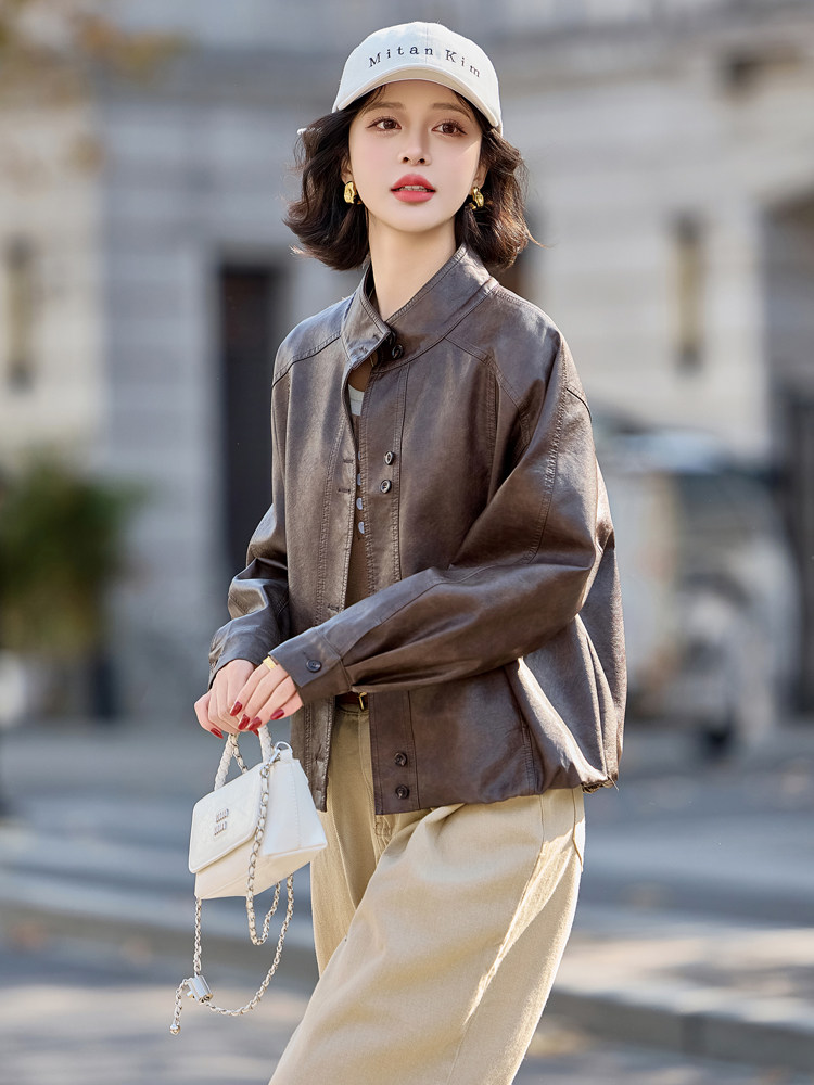 小个子立领拼接皮衣纽扣长袖女装常规见详情短款时尚春秋休闲百搭,女装皮衣,魅衣本色