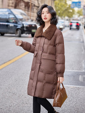 2025冬季羊羔毛拼接领子时尚中长款羽绒外套女，女装羽绒服，E百度