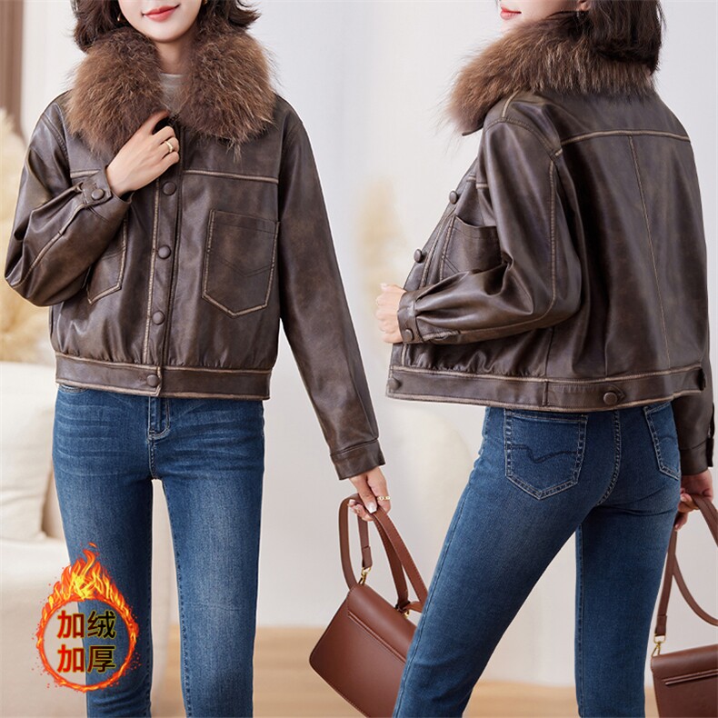 皮衣外套女短款小个子2024秋冬新款洋气百搭加绒加厚真毛领皮棉衣，女装皮衣，潮流依族