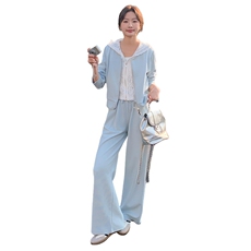 高级感穿搭休闲文艺风蕾丝连帽蓝色卫衣套装女初春秋阔腿裤两件套，女装套装/套裙，2C299