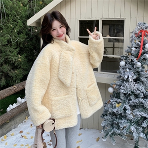 奶fufu黄色羊羔毛外套女2025年冬季新款超好看小个子加绒加厚棉服图片