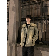 春秋新款高街黄泥染复古做旧牛仔外套男梵文设计工装夹克JH49，男装夹克，星座1116A（原606A-3）