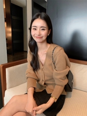 V领山羊绒针织开衫女修身毛衣秋冬短款长袖上衣外套女，女装针织衫/毛衣，玛卡隆羊绒