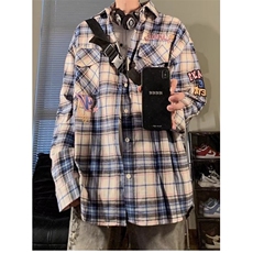 潮百搭字母刺绣宽松格子长袖衬衫男女情侣外套C28，男装衬衫，星座1116A（原606A-3）