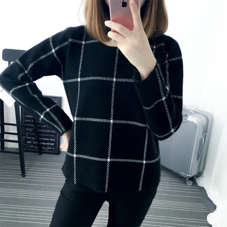 圆领格子时尚潮流百搭2021年秋季长袖直筒针织衫/毛衣，女装针织衫/毛衣，奕阳依阁