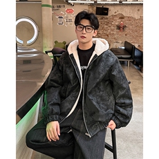 复古做旧座山雕加厚连帽外套男女宽松高级感皮棉衣981P118，男装棉衣，电商A458A