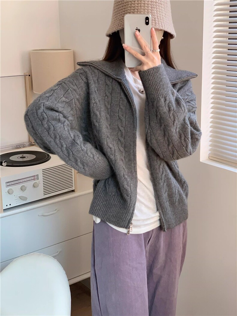 新款女装羊毛高领扭花拉链开衫百搭显瘦保暖针织衫时尚休闲外套,针织衫/毛衣,鑫之绒