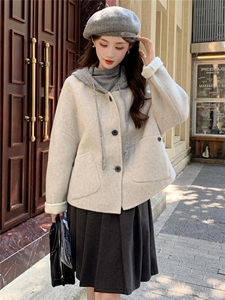 现货新款秋冬新款针织连帽拼接长袖羊绒外套女短款双面羊绒大衣潮图片