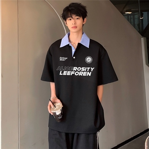 休闲时尚潮牌日系复古男女同款POLO衫假两件短袖T恤上衣T88-P48图片