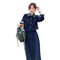 牛仔拼接小香风毛呢外套女2025春新款轻熟风时尚穿搭半身裙两件套，女装套装/套裙，2C316